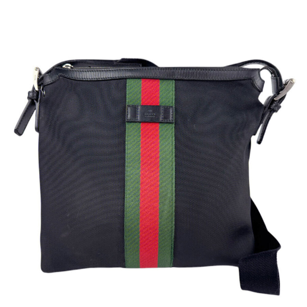 Gucci Web Stripe Leather Crossbody Bag Black